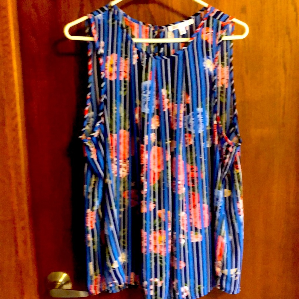 Blue base with multi-color design sleeveless top